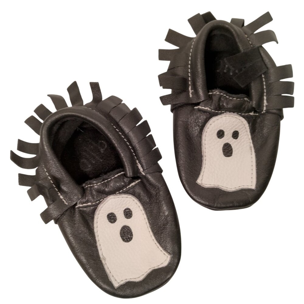 Handmade Moccasins Shoes Baby Size 7/8 Black Leather Halloween Ghost Fringe